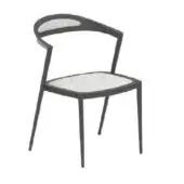 Stylletto chair, dark gray frame, light gray fabric upholstery, curved wing-shaped backrest, minimalist design, studio product shot.