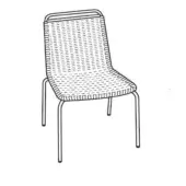 Dining chair black and white line drawing, woven seat and back, slender metal legs, minimalist modern design, technical illustration.