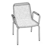 Chair with woven cord seat and backrest, slender metal legs, curved armrests, uniform grid texture, white background.