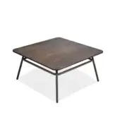 Coffee table, dark brown wood, square tabletop with visible grain, supported by angled black metal legs and horizontal brace.