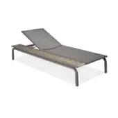 Gray lounge chair, metal frame, woven seat and back, reclining design, minimalist style, studio product shot, light brown and gray tones.