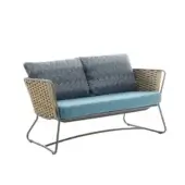 Outdoor sofa, gray metal frame, woven beige rope detail, teal seat cushion, blue & gray chevron pillows, contemporary design, art. 9742 terra.