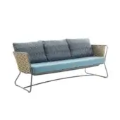 Outdoor sofa, light blue cushions, zigzag pillows, gray metal frame, woven cord detailing, contemporary design, product code art. 9743 terra.
