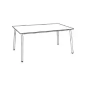 Minimalist table line drawing, black and white, with slender tapered legs and a simple rectangular tabletop, slightly offset leg position.