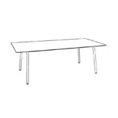 Rectangular table line drawing, black on white, slender tapered legs, minimalist design, simple tabletop, modern aesthetic, illustrative style.