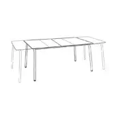 Extendable dining table, black line drawing, rectangular tabletop with expanding sections and eight legs, minimalist modern design.