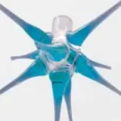 Sculptural glass object, translucent white and blue, featuring a humanoid form with six angular, wing-like appendages and molded “acquamarina b” text.
