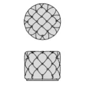 Alcide ottoman, gray fabric, diamond tufting, cylindrical shape with rectangular base, technical drawing, monochromatic palette.