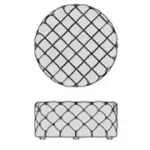 Gray tufted circular and rectangular ottomans, technical drawing, diamond pattern upholstery, cylindrical legs, white background.