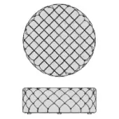 Circular ottoman, technical drawing, diamond-tufted upholstery, rectangular prism base, cylindrical legs, minimalist geometric design.