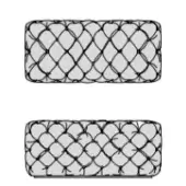 Alcide rectangular ottomans, gray quilted fabric, diamond tufting, simple shape, rounded top edge, studio product shot.