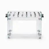 Foosball table, clear acrylic, white frame, silver rods, black handles, minimalist design, studio shot, transparent playing field, metal hardware.