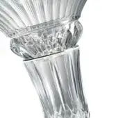 Crystal vase clear glass, flared rim, square collar, cylindrical stem, cut-glass facets, polished glossy surface, studio shot, white background.