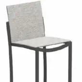 Dining chair, dark gray metal frame, curved back with light gray textured fabric upholstery, model “full cover o zon stool02”.