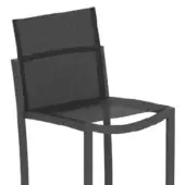 Woven mesh stool, dark gray metal frame, minimalist curved legs, grid pattern seat and backrest, studio product shot.