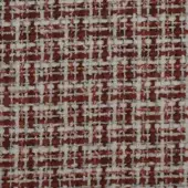 Woven fabric sample, rust red and off-white, displays a grid pattern with horizontal bands and a nubby, textured surface.