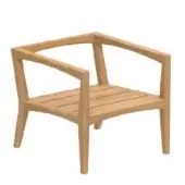 Low armchair, light wood, minimalist design with horizontal slats, curved backrest, tapered legs, neutral beige-brown matte finish, studio shot.