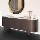 Distinguished Cattelan Italia Savoy sideboard with sinuous curves and light marmi ceramic top in graphite lacquered wood with bronze embossed lacquered steel finish
