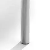 Stainless steel post with brushed finish and rounded dark base, casting a shadow on a white floor, minimalist design.