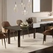 Exceptional Reflex Policleto table with transparent tempered glass top and smooth matte brown oval legs crafted in Italy