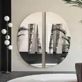 Exclusive Cattelan Italia Day mirror crafted in mirrored glass with a light beige frame exhibiting a semicircle shape