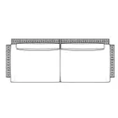 Two-seater sofa line drawing, rectangular form, low back, textured border, separate cushion seams, minimalist schematic design.