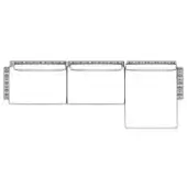 Modular sofa diagram, black line drawing, three-section L-shape with rounded edges and perforated assembly points on white background.