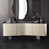 Superior Cattelan Italia Blues sideboard with rounded shape and titanium lacquered wood structure, plus fumé mirrored glass top