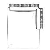 Camera lens line drawing, rectangular body, cylindrical extension, ridged texture, matte finish, technical illustration, white background.