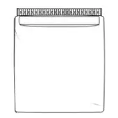 Dishwasher line drawing, white background, rectangular body, ventilation lines, recessed area, technical illustration, appliance detail.
