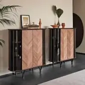Refined Cattelan Italia Costes cupboard with Canaletto walnut and embossed lacquered steel, showcasing chevron doors and fumé glass shelves
