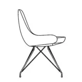 Mid-century chair with black and white line drawing, curved upholstered back, rounded seat, and angled metal crisscross legs.