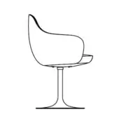 Swivel chair illustration, black lines, rounded backrest and seat, single pedestal base, minimalist design, white background.