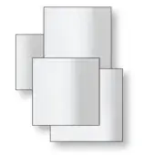 Staggered rectangular composition of reflective silver shapes against white, with gradations creating depth and asymmetrical balance.