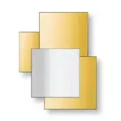 Square decorative mirror, silver and gold toned, geometric frame with rectangular sections and dark border detailing.