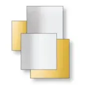 Overlapping rectangular composition of silver-gray and golden yellow shapes on a white background, featuring smooth surfaces and layered forms.