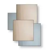 Layered rectangular panels in beige and blue-gray tones with gradient effects, smooth reflective surfaces, and subtle shadows on a white background.