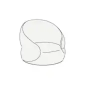 Armchair line drawing, gray tone, rounded form with enveloping backrest and curved armrests on a circular swivel base.