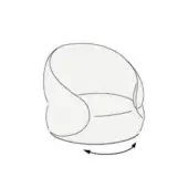 Rounded armchair with swivel base, black line drawing, enveloping back, curved armrests, recessed seat, circular base, rotational arrows.