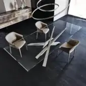Architectural Cattelan Italia Lancer table with transparent glass top and embossed light beige lacquered steel base in matte finish