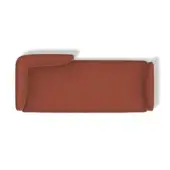 Terracotta sofa, “cosy paolina left,” low rectangular form with angled left armrest, matte fabric upholstery, minimalist studio shot.