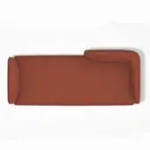 Terracotta sofa, “cosy paolina right” model, rectangular form with rounded right armrest and curved bolster pillow, studio shot.