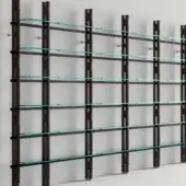 Exclusive Tonelli Design Hemingway bookcase with Siberian ash beams and extra clear glass shelves offering open storage