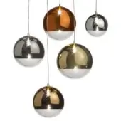 Pendant lights, chrome finish, spherical shape with metallic sputtering and clear glass hemispheres suspended at varying heights.