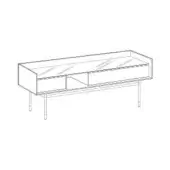 Sideboard, wood, rectangular form with cylindrical legs, angled crosshatch top, central shelf, two drawers, recessed edge, white background.