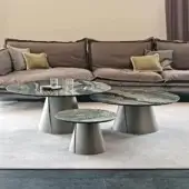 Distinguished Cattelan Italia Albert Keramik coffee tables with conical embossed lacquered steel bases and swirling grey, white, brown ceramic Marmi tops