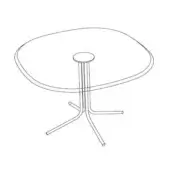 Round table, translucent glass tabletop with organic edge, matte metal pedestal base with three angled legs, minimalist modern design.