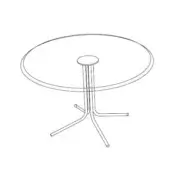Round table with smooth circular top and three-rod metal pedestal base, minimalist line drawing, monochromatic black on white.
