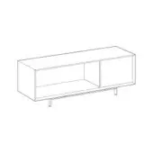 Console table line drawing, white background, open and closed compartments, tapered legs, minimalist rectangular design, simple boxy structure.