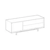 Media console, light wood, rectilinear form with flush left door, open shelf, and two drawers supported by tapered metal legs.